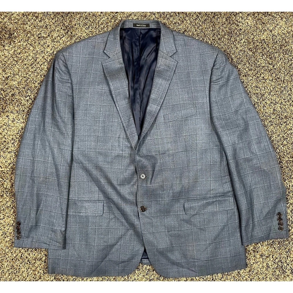 Ralph Lauren Blazer Sport‎ Coat Men's 50R Grey Blue Plaid Suit Jacket Wool Silk